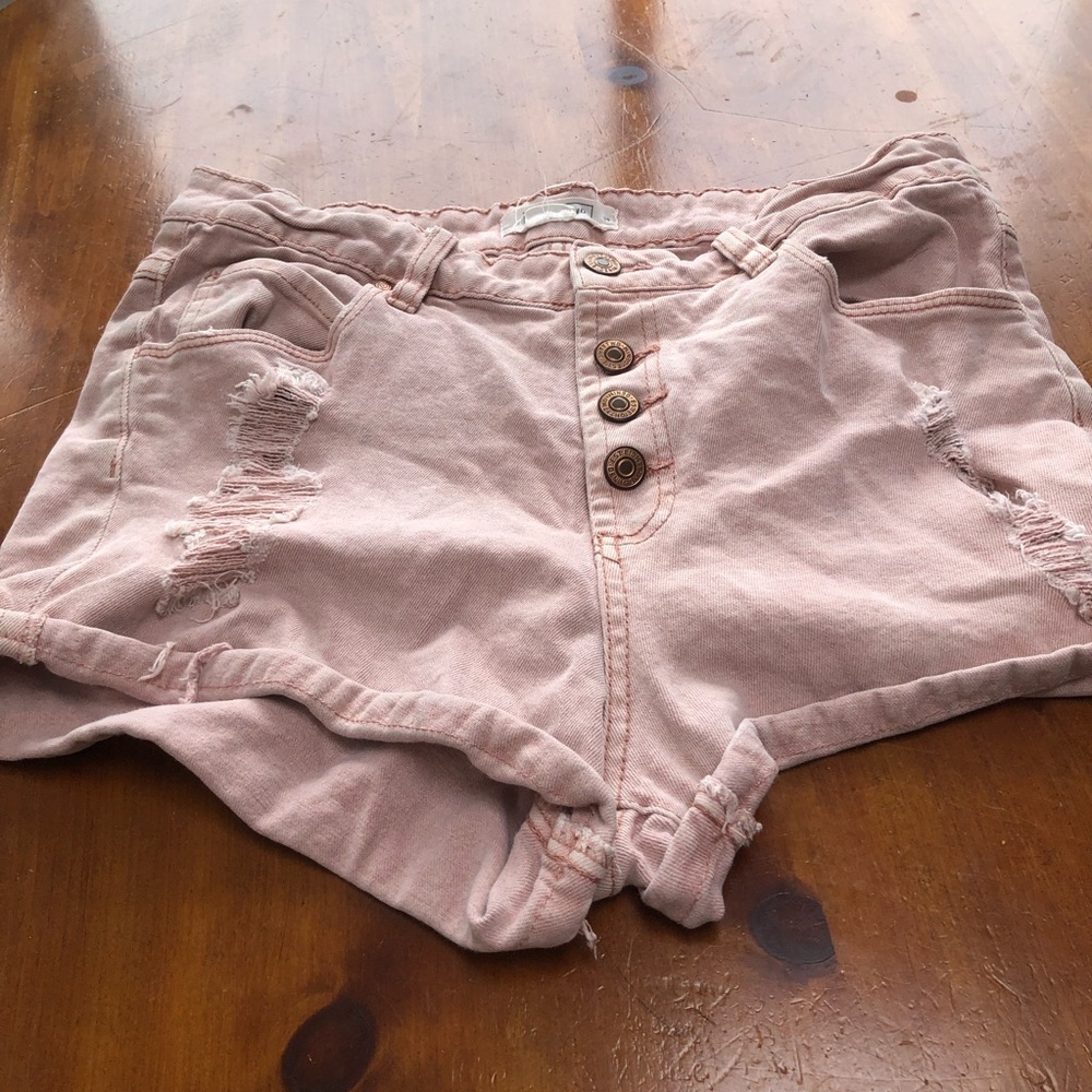 High Waist Pink Denim Shorts with Frayed Edges by EIGHTYTWO size 9 - preloved